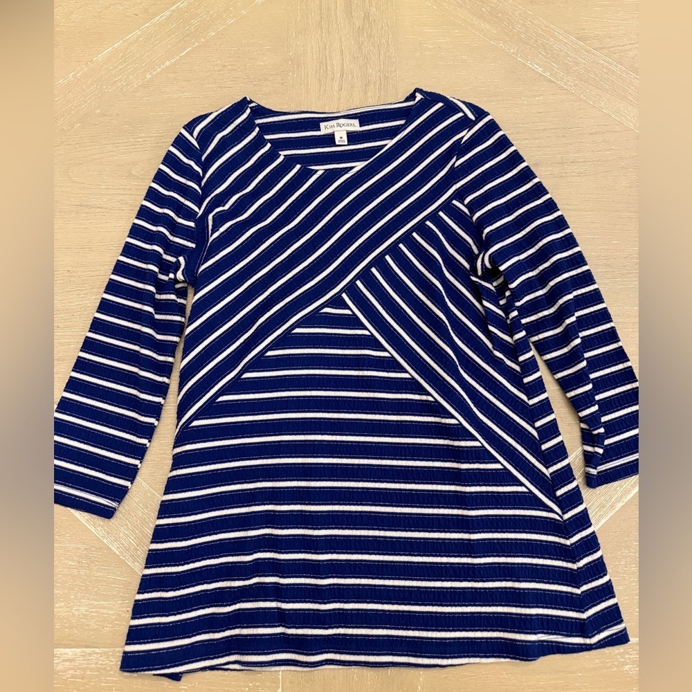 Kim Rogers Navy and White Striped Long Sleeve Top w/silver accents